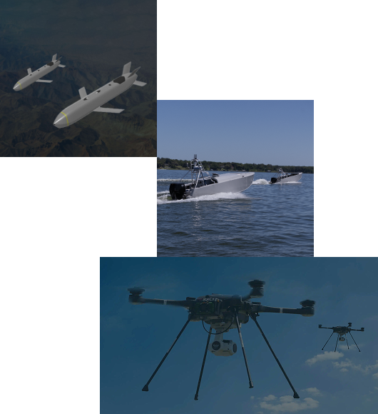 Three types of autonomous vehicles: a space drone, a patrol boat, and a surveillance drone flying in the sky.