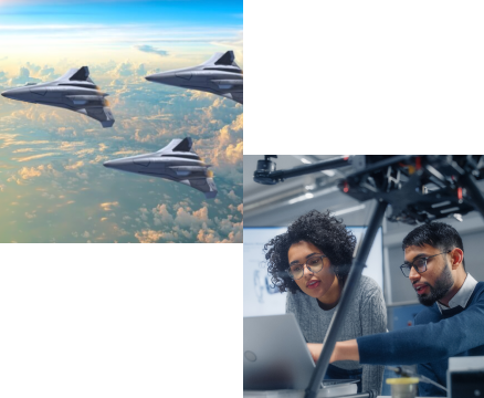 Three fighter jets flying in formation above clouds alongside two scientists working with equipment indoors.