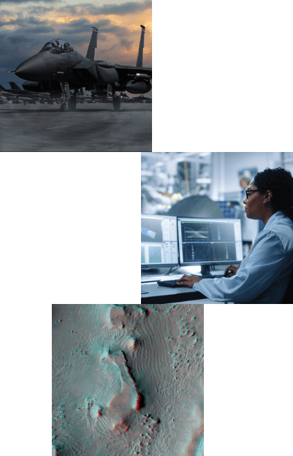 military jet, a woman working on a computer and a terrane image