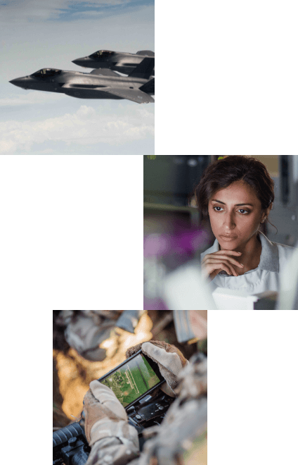military jets, soldier using a smart device, and a woman using a computer